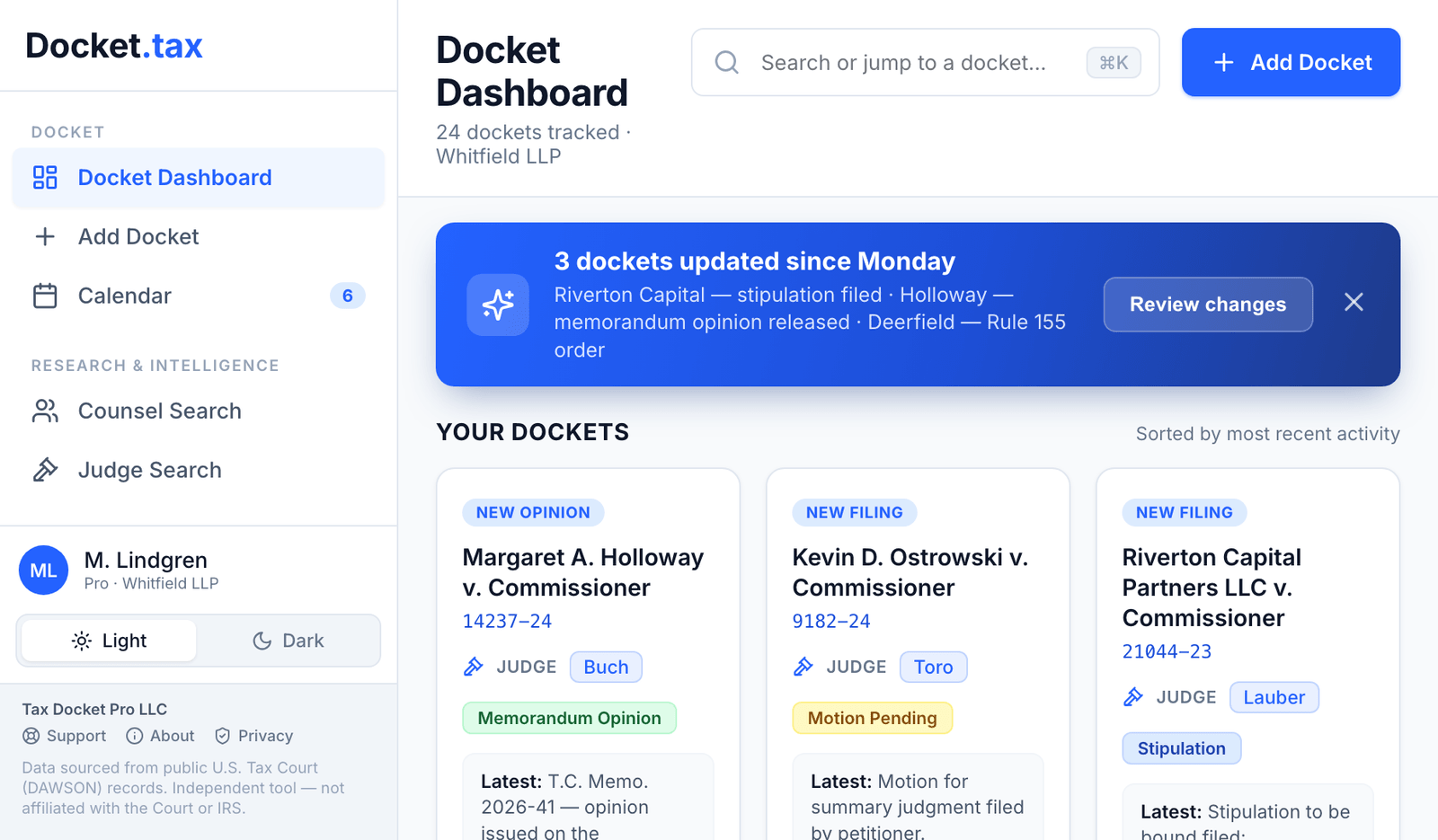 Docket.tax docket dashboard